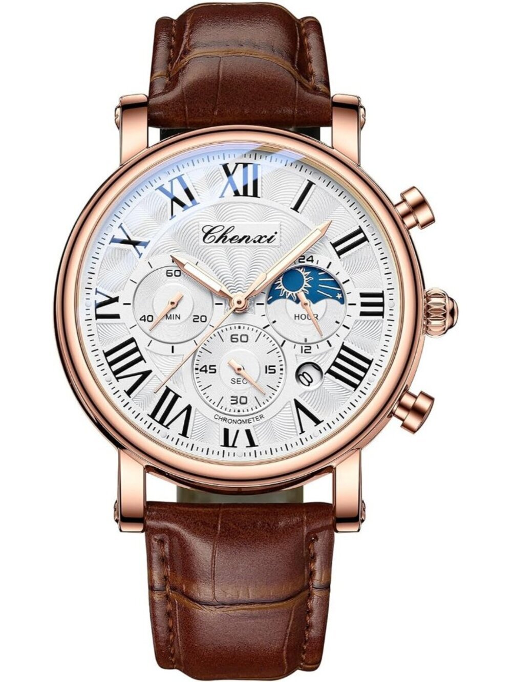 Men's Rose Gold Brown Leather Multifunctional Military Analog Chronograph Watch